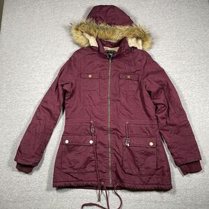 YMI Coat Womens L Red Parka Hooded Faux Fur Lined Pockets Full Zip Mid-Length